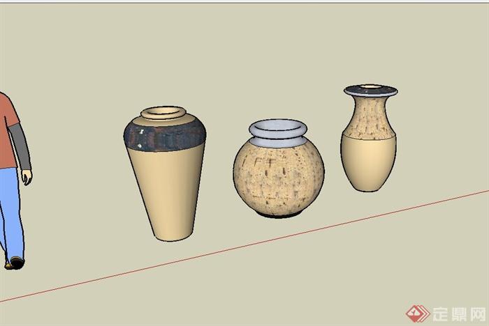 三种不同造型的陶罐小品设计su模型(1)
