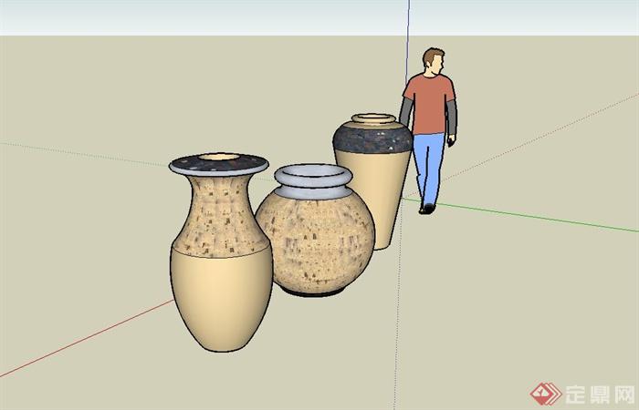 三种不同造型的陶罐小品设计su模型(2)