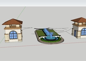 某欧式小区喷泉水景大门入口SU(草图大师)模型