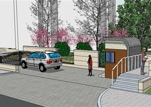 某现代住宅小区侧门入口设计SU(草图大师)模型