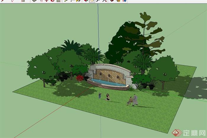 某欧式庭院小场景景墙水池设计su模型(1)