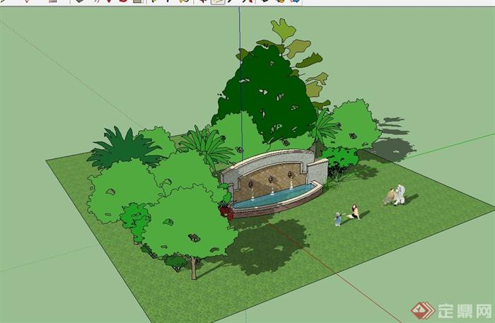 某欧式庭院小场景景墙水池设计su模型(2)
