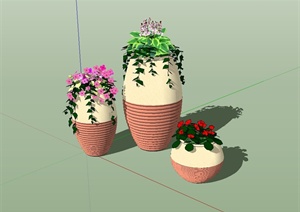 三个不同大小的陶罐花钵景观小品设计SU(草图大师)模型