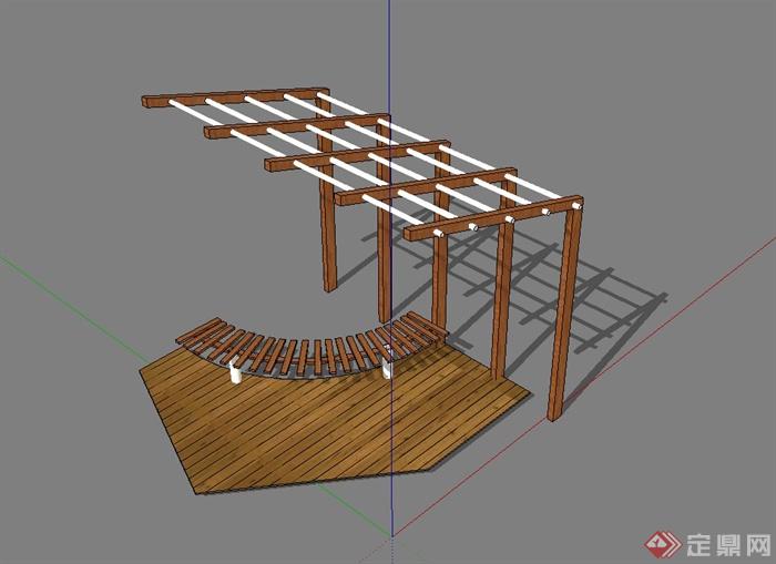 某现代风格木质廊架、廊架坐凳、木栈道组合设计su模型(1)