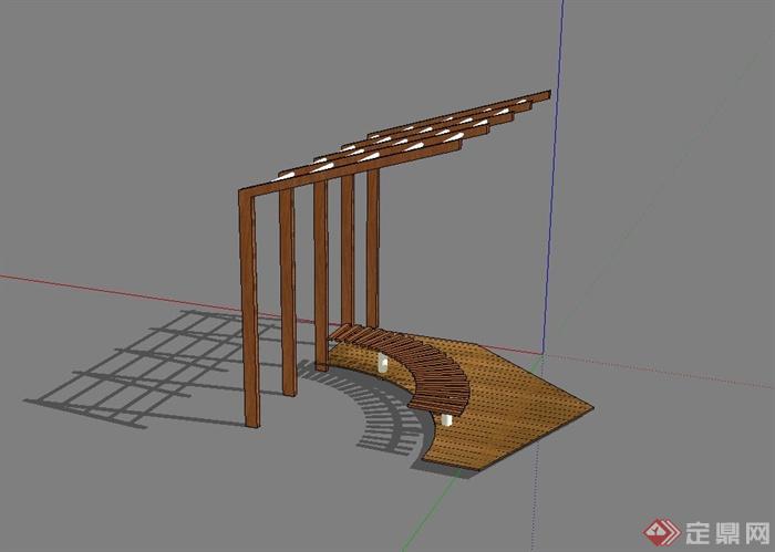 某现代风格木质廊架、廊架坐凳、木栈道组合设计su模型(3)