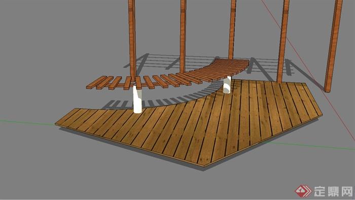 某现代风格木质廊架、廊架坐凳、木栈道组合设计su模型(2)
