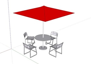 现代户外红色遮阳伞桌椅组合SU(草图大师)模型
