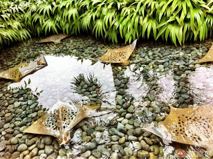 卵石水池,鱼雕塑