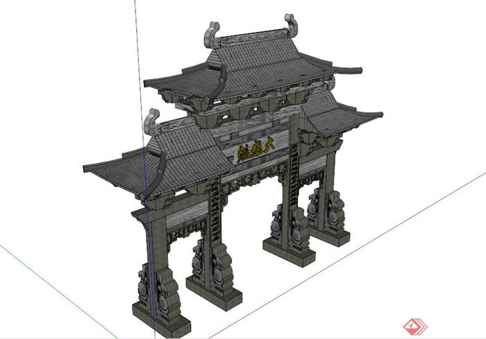 某古典中式大门牌坊设计SU模型(1)