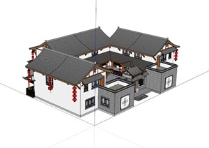 某古典中式合院住宅建筑设计SU(草图大师)模型素材