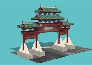 古典中式红木牌坊大门设计SU(草图大师)模型