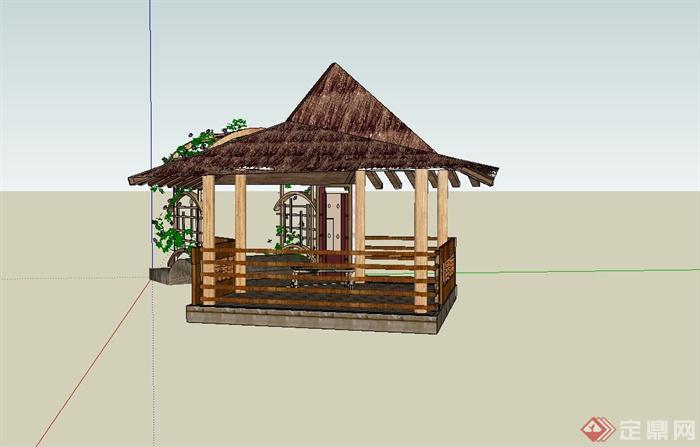 某现代度假村休闲凉亭设计su模型含花架(3)