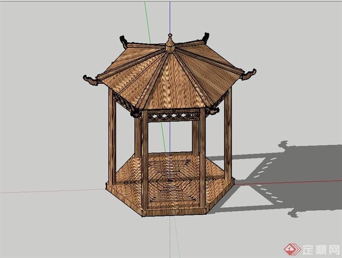 新中式风格全木质凉亭设计su模型(1)