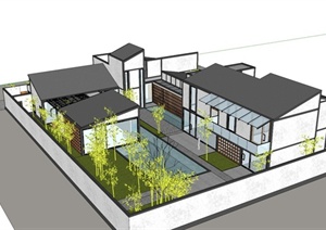 某现代中式别墅小户型住宅建筑设计SU(草图大师)模型