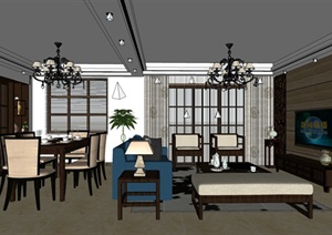 某混搭风格室内餐厅客厅设计SU(草图大师)模型