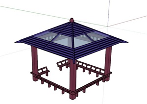 现代中式玻璃木材拼接亭子SU(草图大师)模型