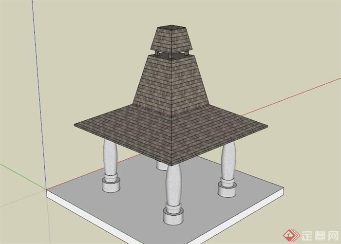 现代中式创意顶造型亭子SU模型(1)