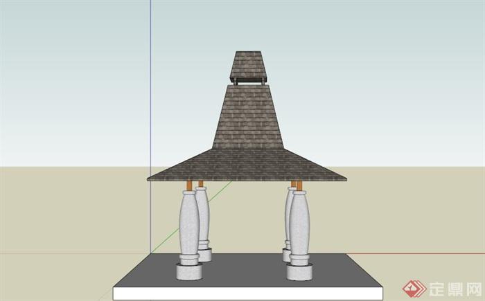 现代中式创意顶造型亭子SU模型(3)