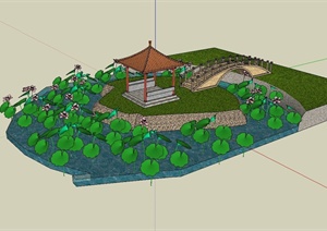某公园亭子、园桥拱桥、莲花池组合设计SU(草图大师)模型