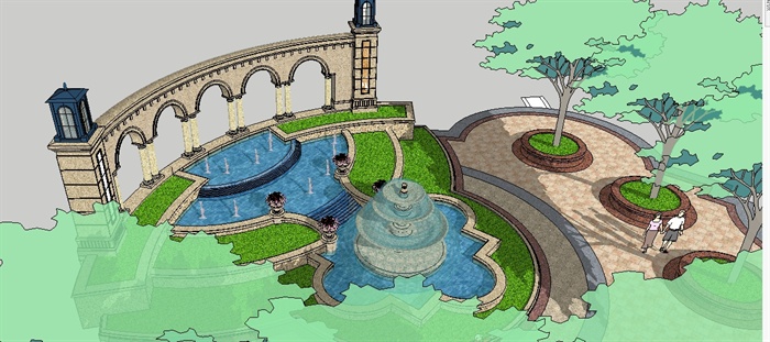一个欧式景墙跌水广场SU精致设计模型(1)
