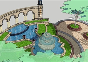 一个欧式景墙跌水广场SU(草图大师)精致设计模型