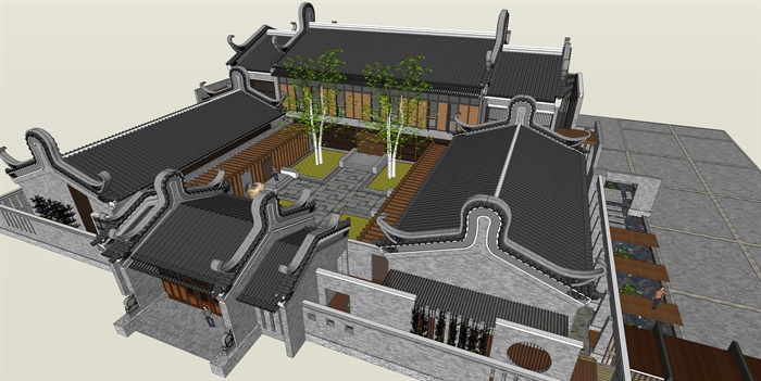 古典中式四合院院落式住宅建筑设计su模型