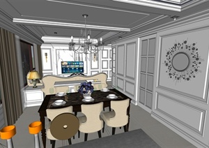 新古典风格室内客厅餐厅装饰设计SU(草图大师)模型