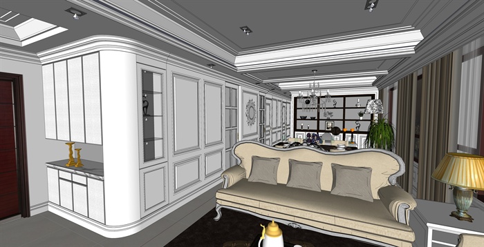 新古典风格室内客厅餐厅装饰设计su模型