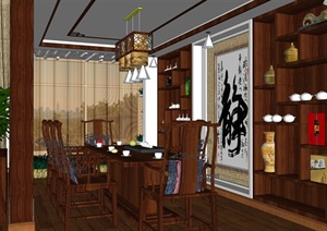 某现代中式室内住宅空间茶室设计SU(草图大师)模型