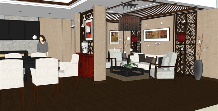 某现代中式风格客厅餐厅厨房组合设计su模型