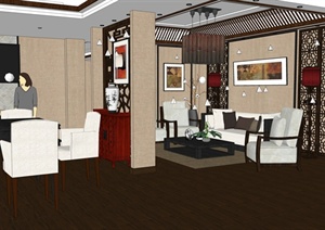 某现代中式风格客厅餐厅厨房组合设计SU(草图大师)模型