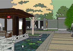 新中式酒店后庭院景观方案SU(草图大师)精致设计模型