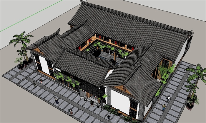 新中式四合院客栈别墅SketchUp模型(2)