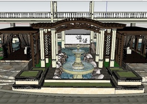 欧式回廊水景广场SU(草图大师)精致设计模型