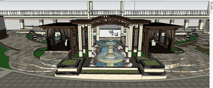 欧式回廊水景广场sketchup精致设计模型(1)