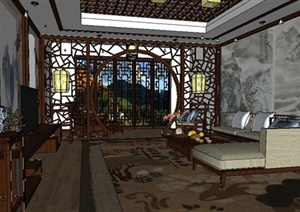 新中式客厅装潢方案sketchup精致设计模型