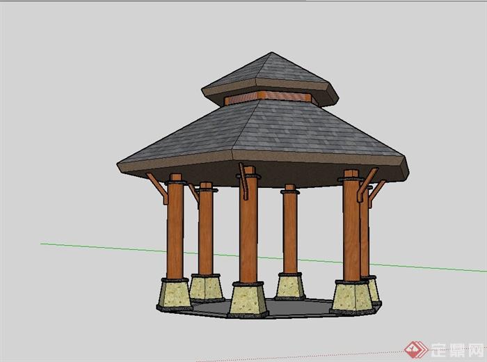 东南亚风格六柱凉亭设计su模型(2)
