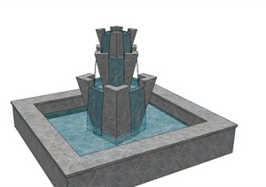 灰色石材喷泉水池SU(草图大师)模型