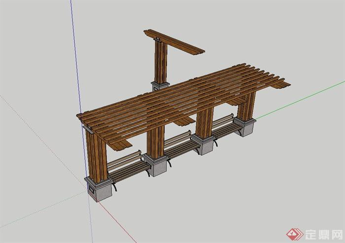 某现代风格木质廊架及廊架坐凳设计su模型(3)