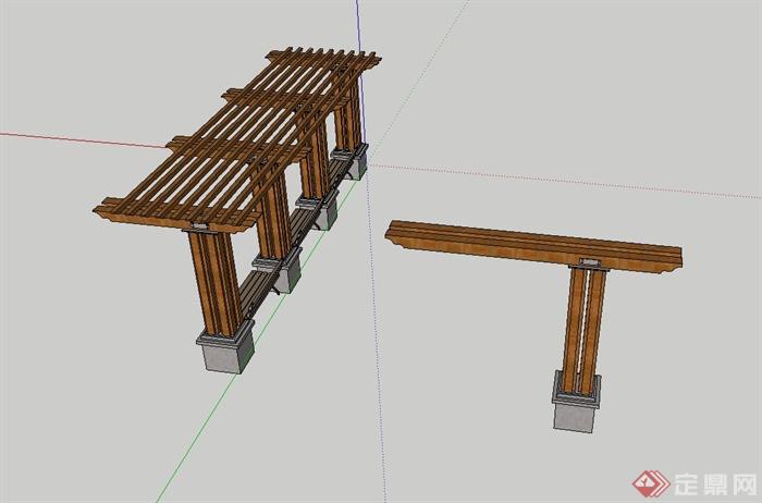 某现代风格木质廊架及廊架坐凳设计su模型(1)