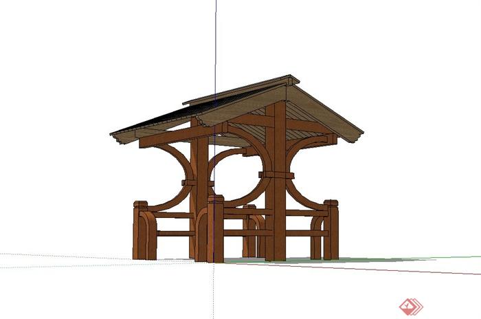 某现代中式风格全木质亭子设计su模型(1)