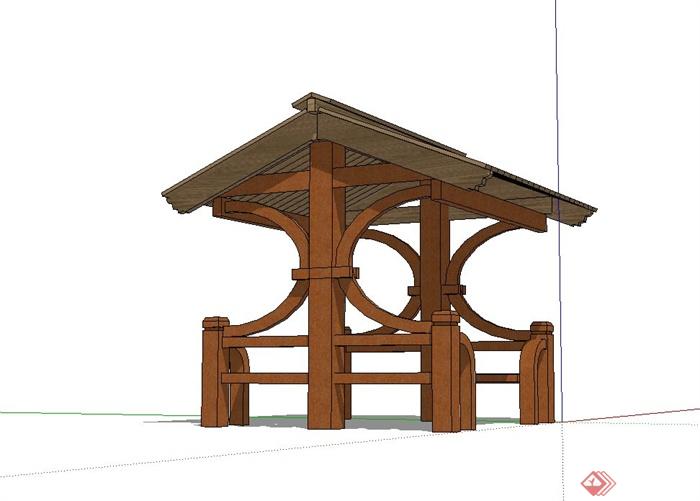 某现代中式风格全木质亭子设计su模型(3)