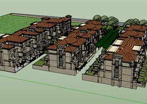 某欧式联排别墅建筑及景观设计SU(草图大师)模型