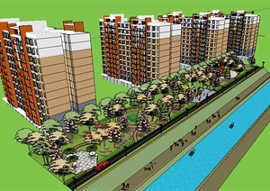 某现在住宅景观设计SU(草图大师)模型含小区花园及住宅建筑设计