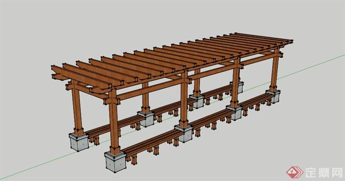 现代木坐凳廊架设计SU模型(1)