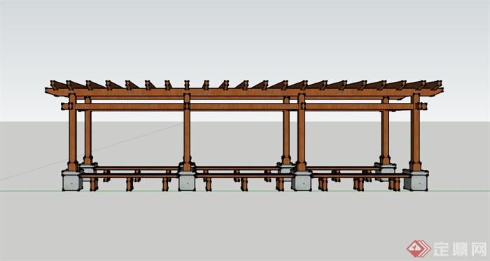 现代木坐凳廊架设计SU模型(3)
