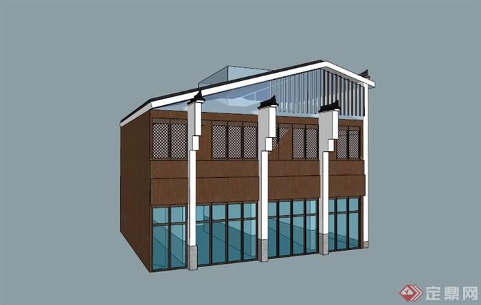 独特两层沿街商业建筑SU模型(3)