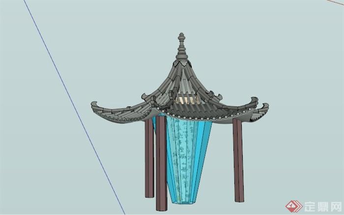 现代中式玻璃柱装饰亭子SU模型(3)