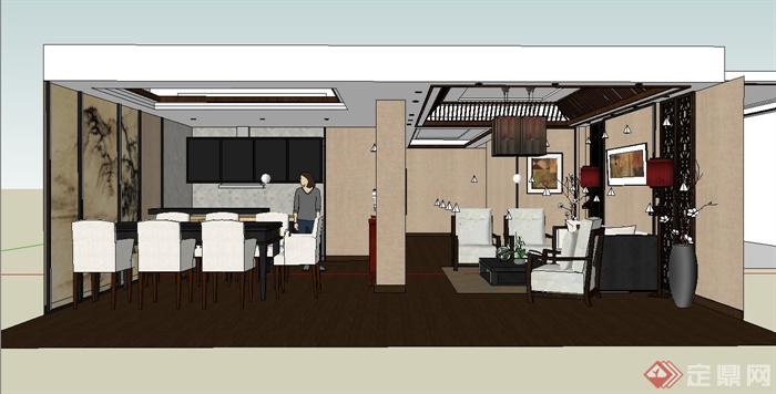 某现代中式风格客厅餐厅厨房组合设计su模型(3)