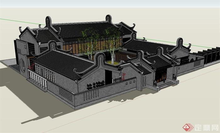 古典中式四合院院落式住宅建筑设计su模型(4)